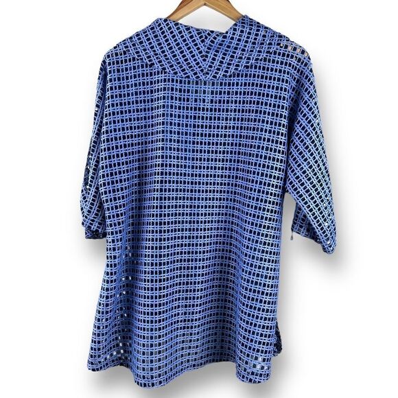 Yushi top large navy and periwinkle blue open weave loose fit cowl neck elbow sl - Picture 2 of 10